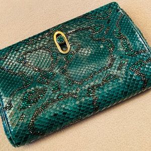 Neiman Marcus for Judith Leiber,snakeskin emerald Swarovski crystal gold clutch